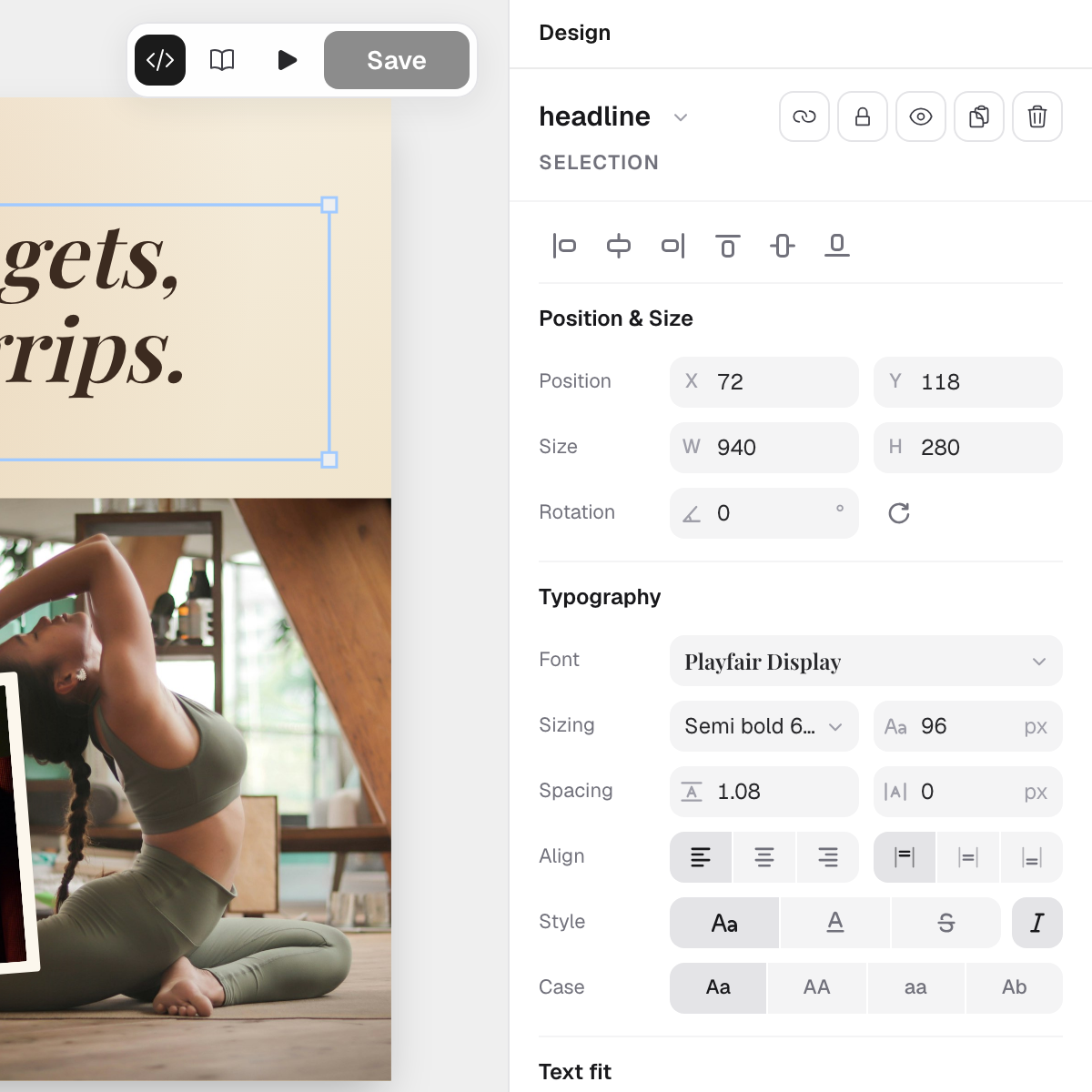 Text properties panel with autofit, font, color, and alignment controls