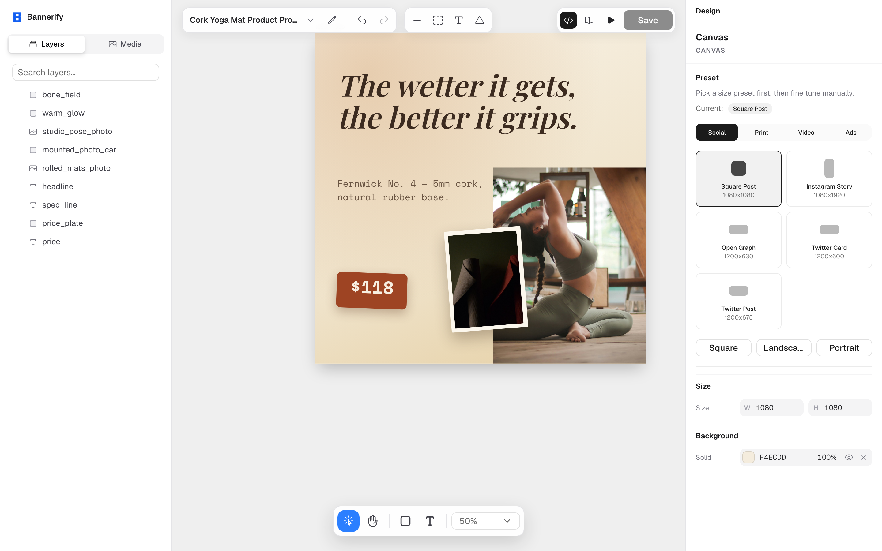 The Bannerify template editor with a layers panel, canvas, and properties panel