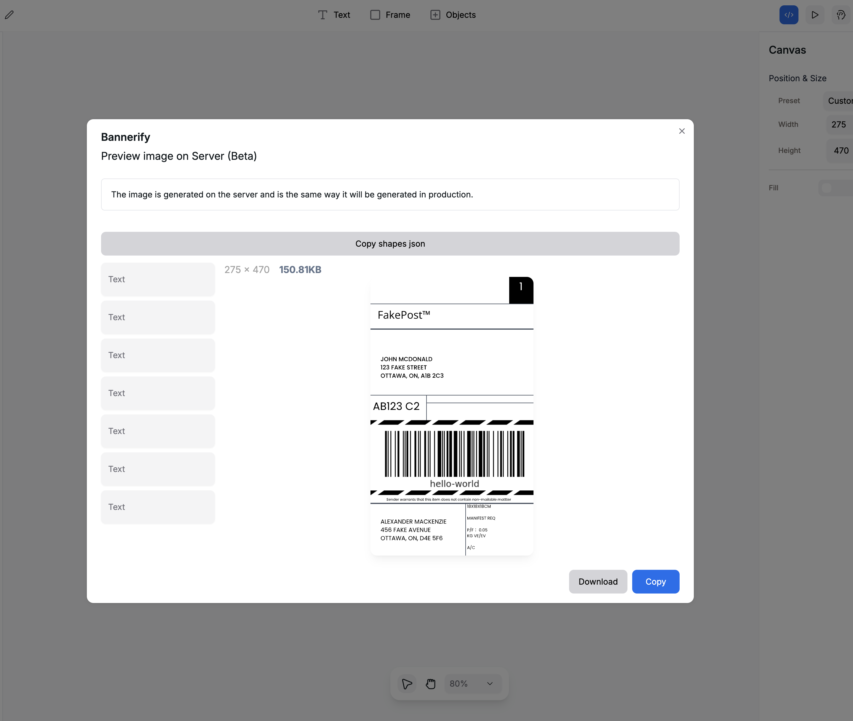 Preview modal showing a server-rendered shipping label