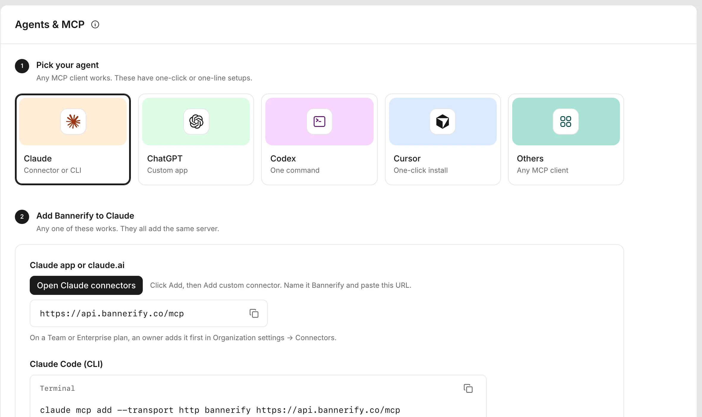 The Agents & MCP page with Claude, ChatGPT, Codex, Cursor, and Others, and the setup steps for Claude