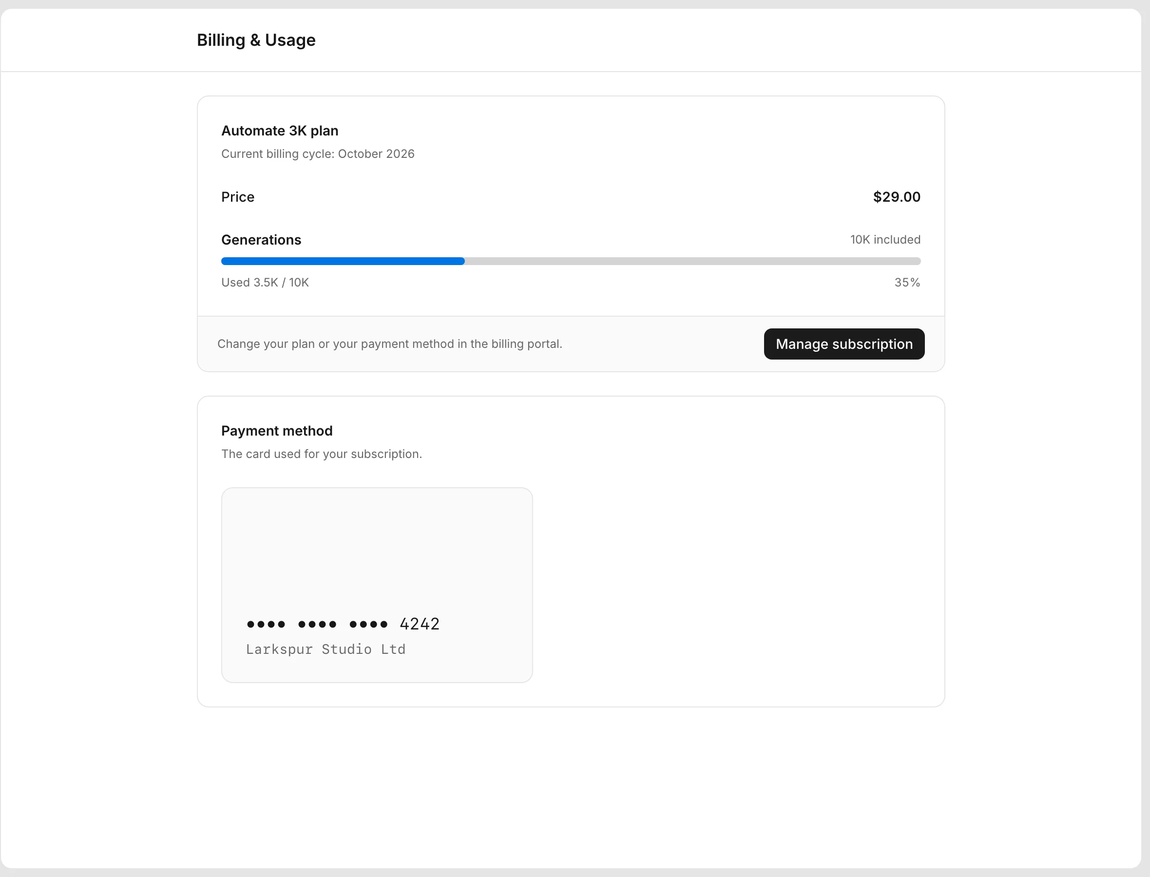 The Billing & Usage page of a paid workspace with the generations used this month