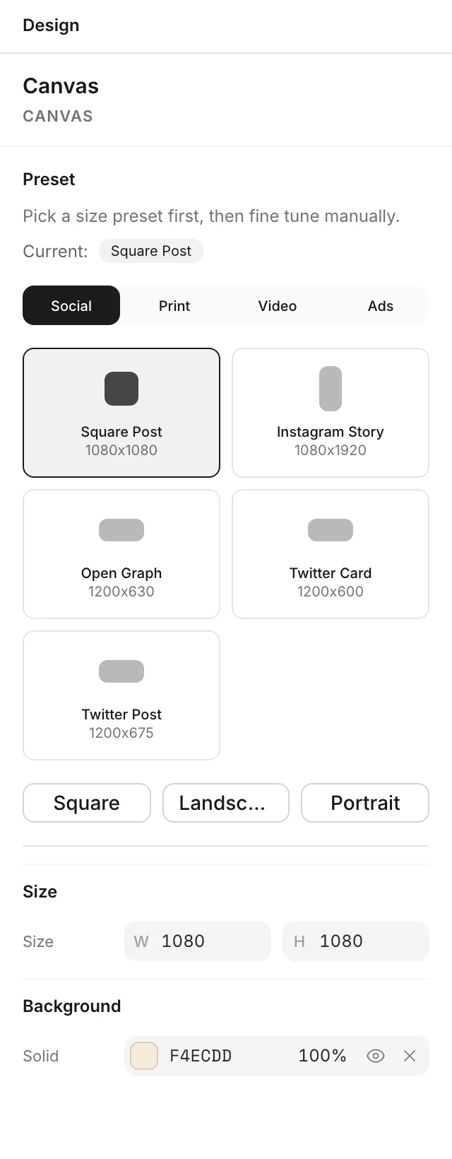 The canvas settings with the Preset cards, the Size fields, and the Background color