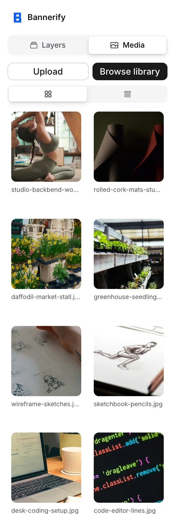 The Media tab of the editor with Upload, Browse library, and a grid of images
