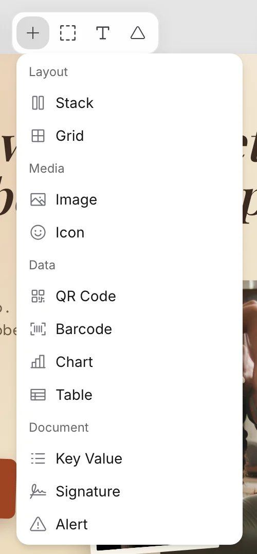 The tool bar and the open Insert menu with every layer type