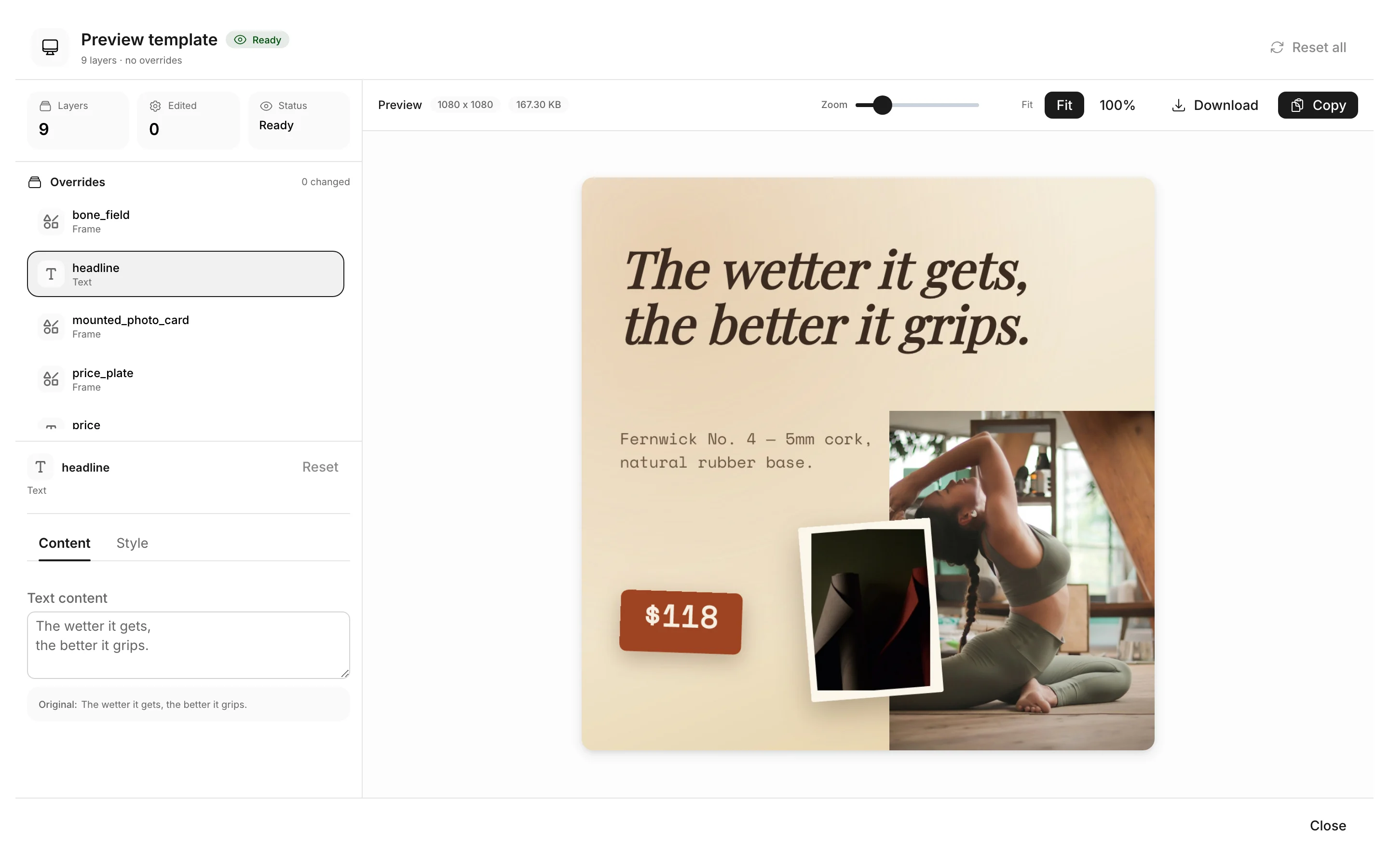The Preview template panel with the layer list on the left and the rendered image on the right