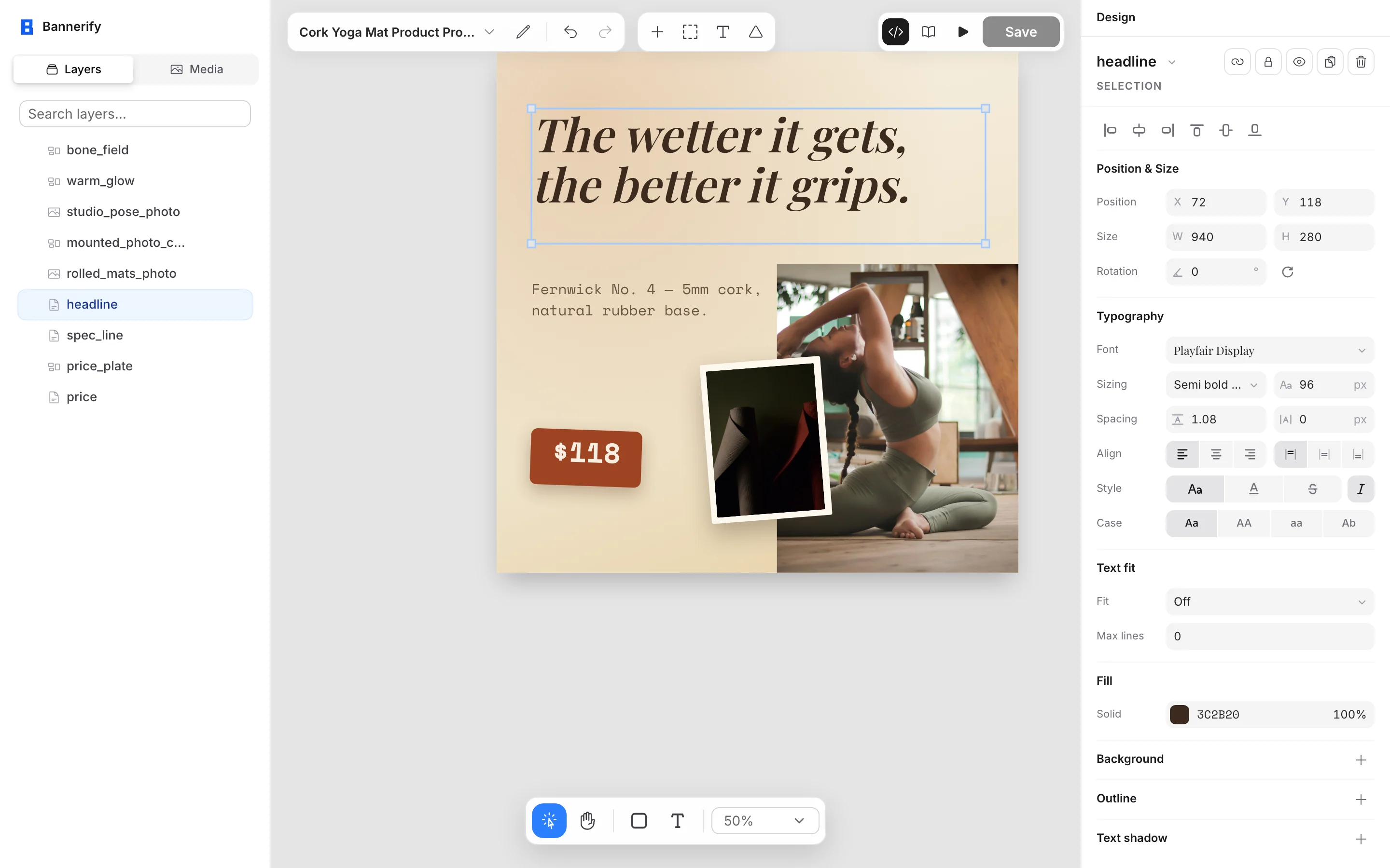 The editor with the headline text layer selected and its Design panel showing position, size, and typography