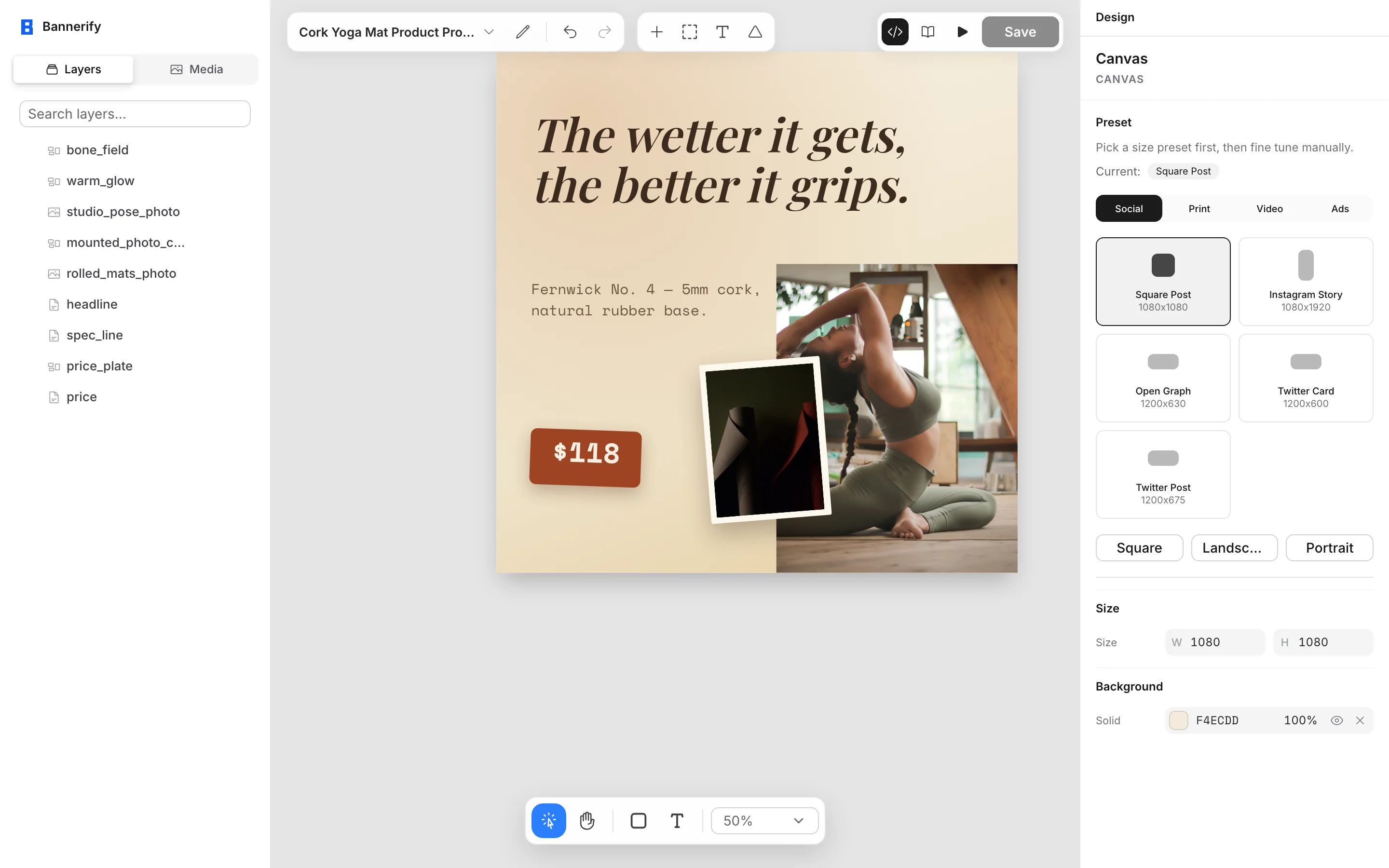 The template editor with the Layers panel on the left, the canvas in the center, and the canvas settings on the right
