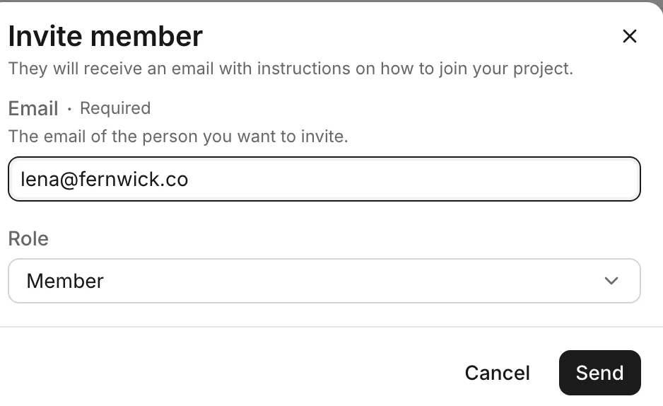 The Invite member dialog with an email address and the Member role