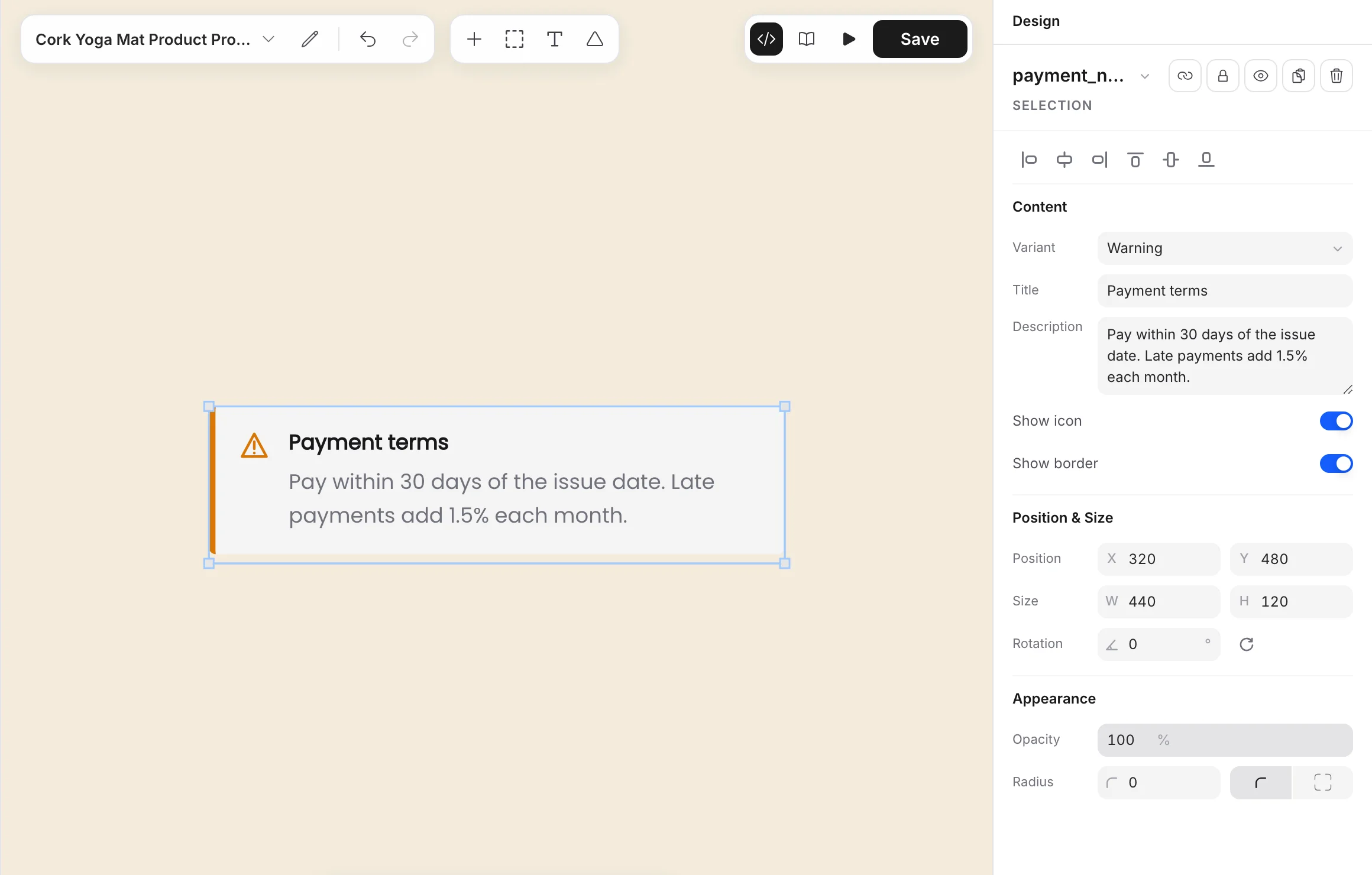 A warning callout about payment terms, with Content in the Design panel