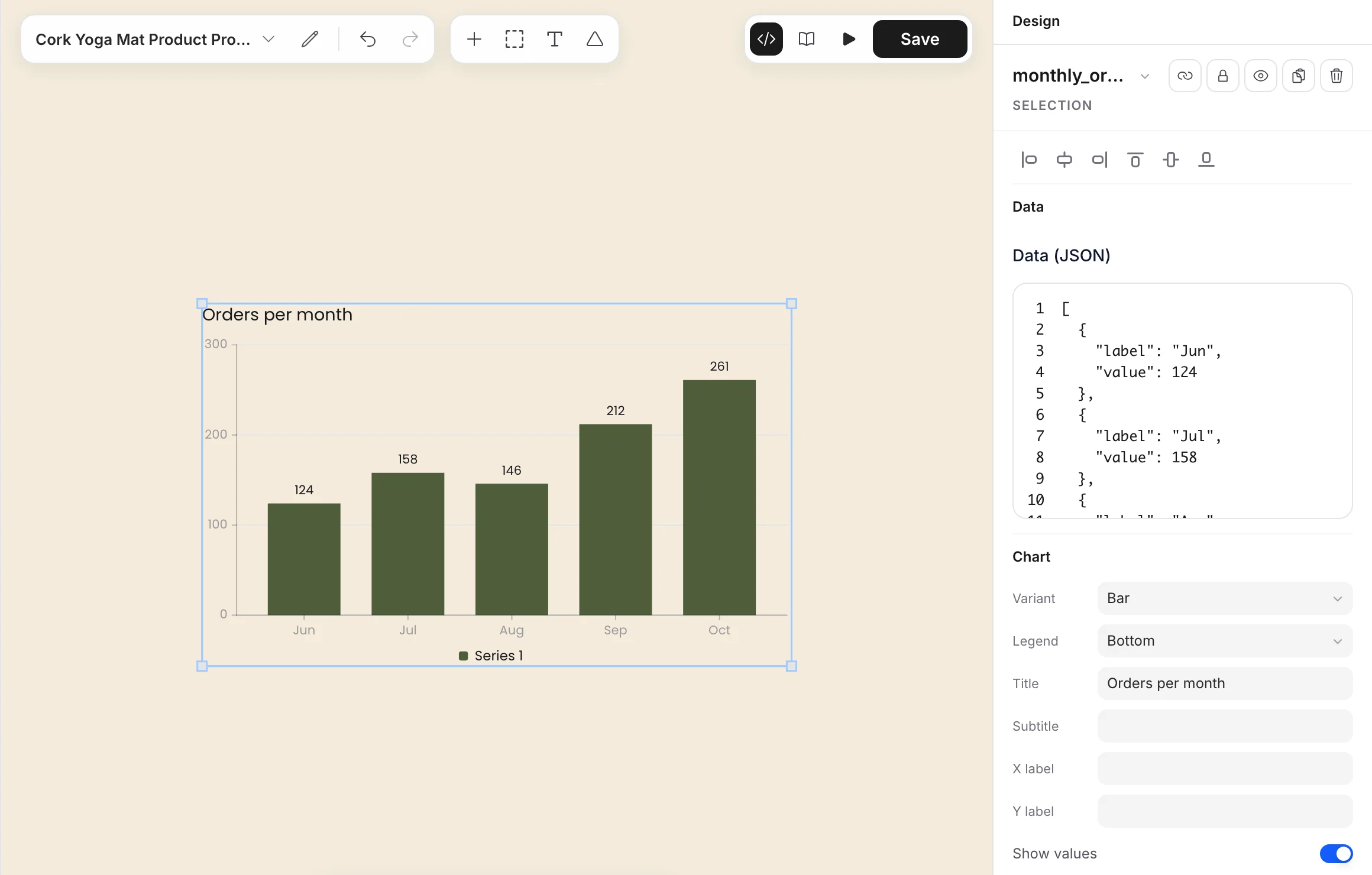 A bar chart of orders per month, with Data and Chart in the Design panel