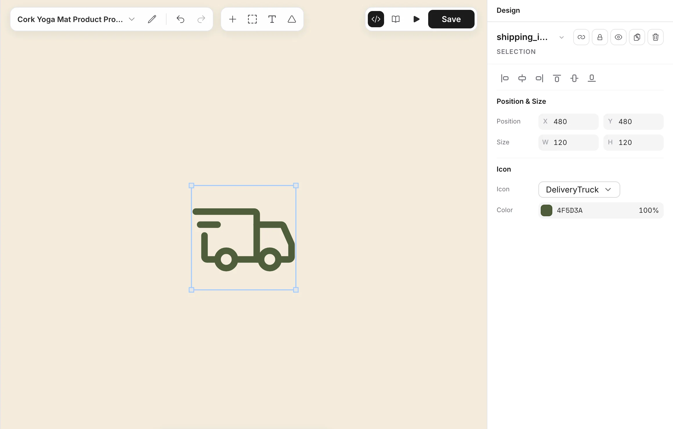 A delivery truck icon in green, with the Icon section in the Design panel