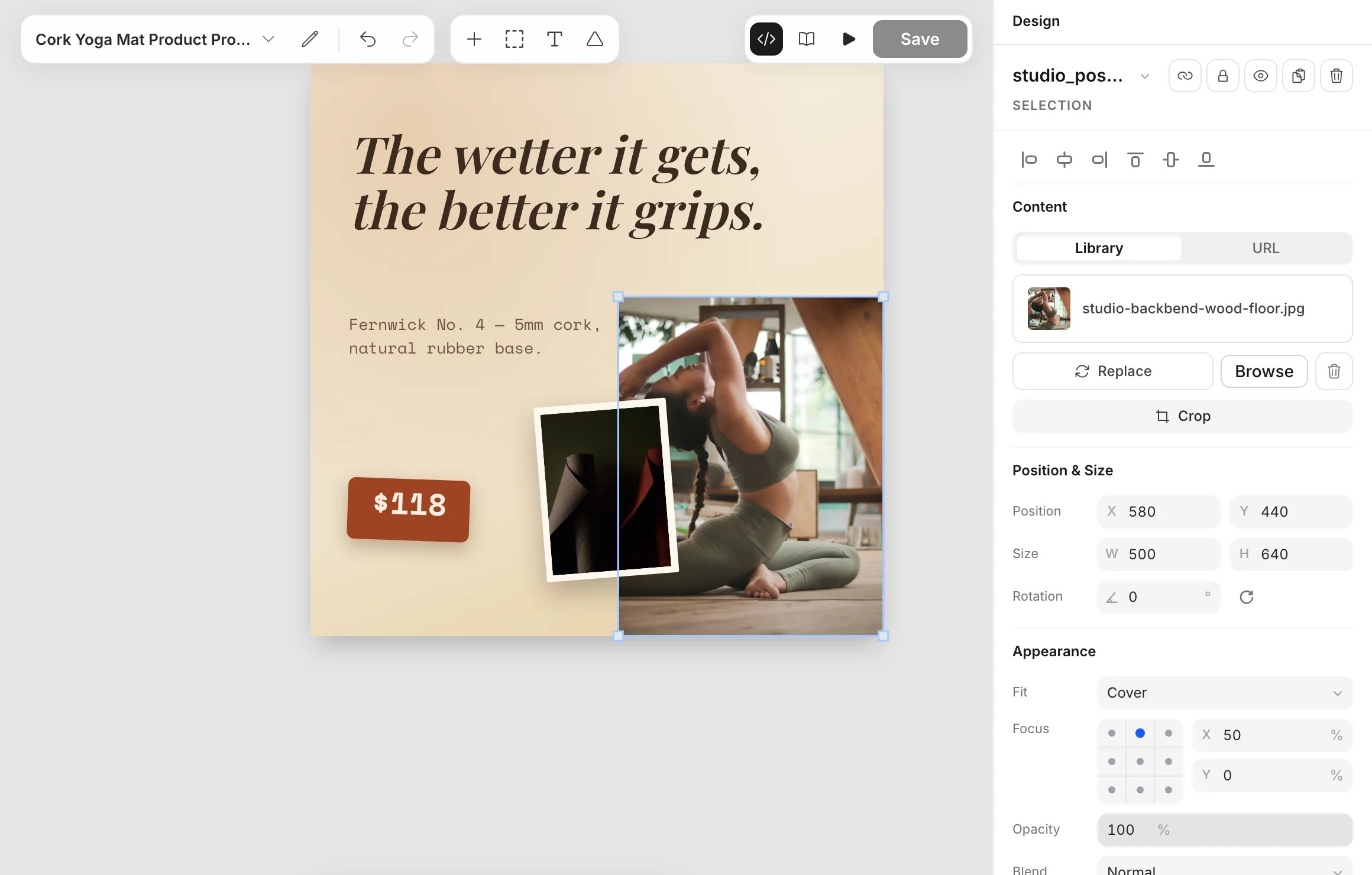 A selected photo layer with Image source and Fit in the Design panel