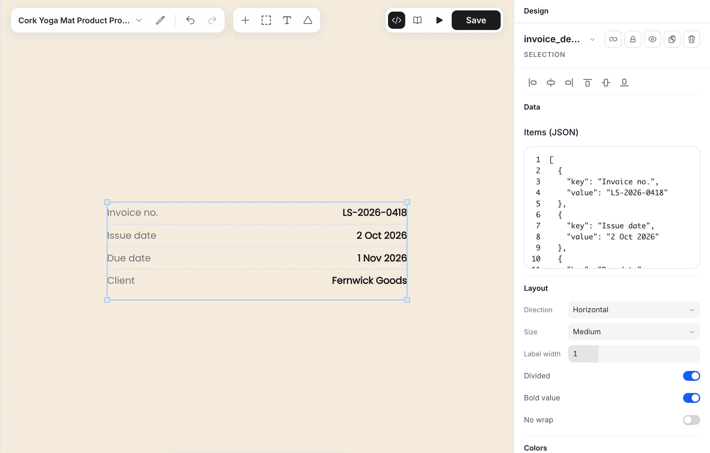 Invoice number, issue date, due date and client as label and value pairs