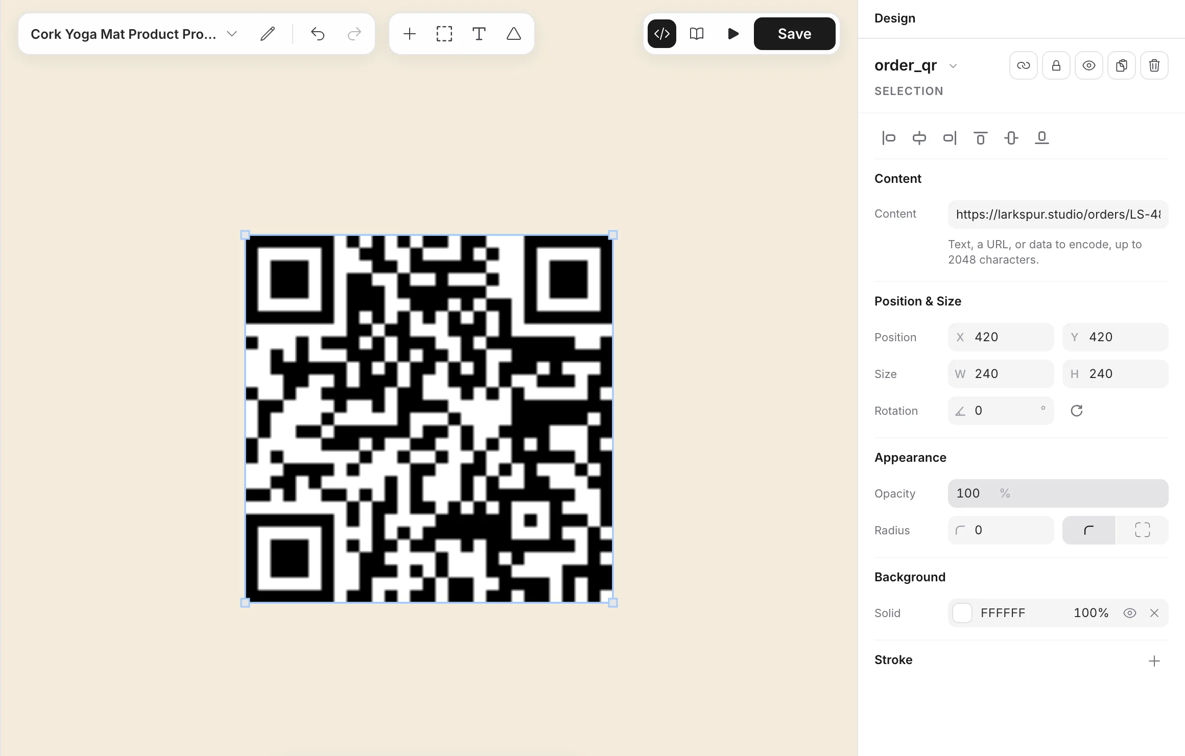 A QR code layer that encodes an order URL, with Content in the Design panel