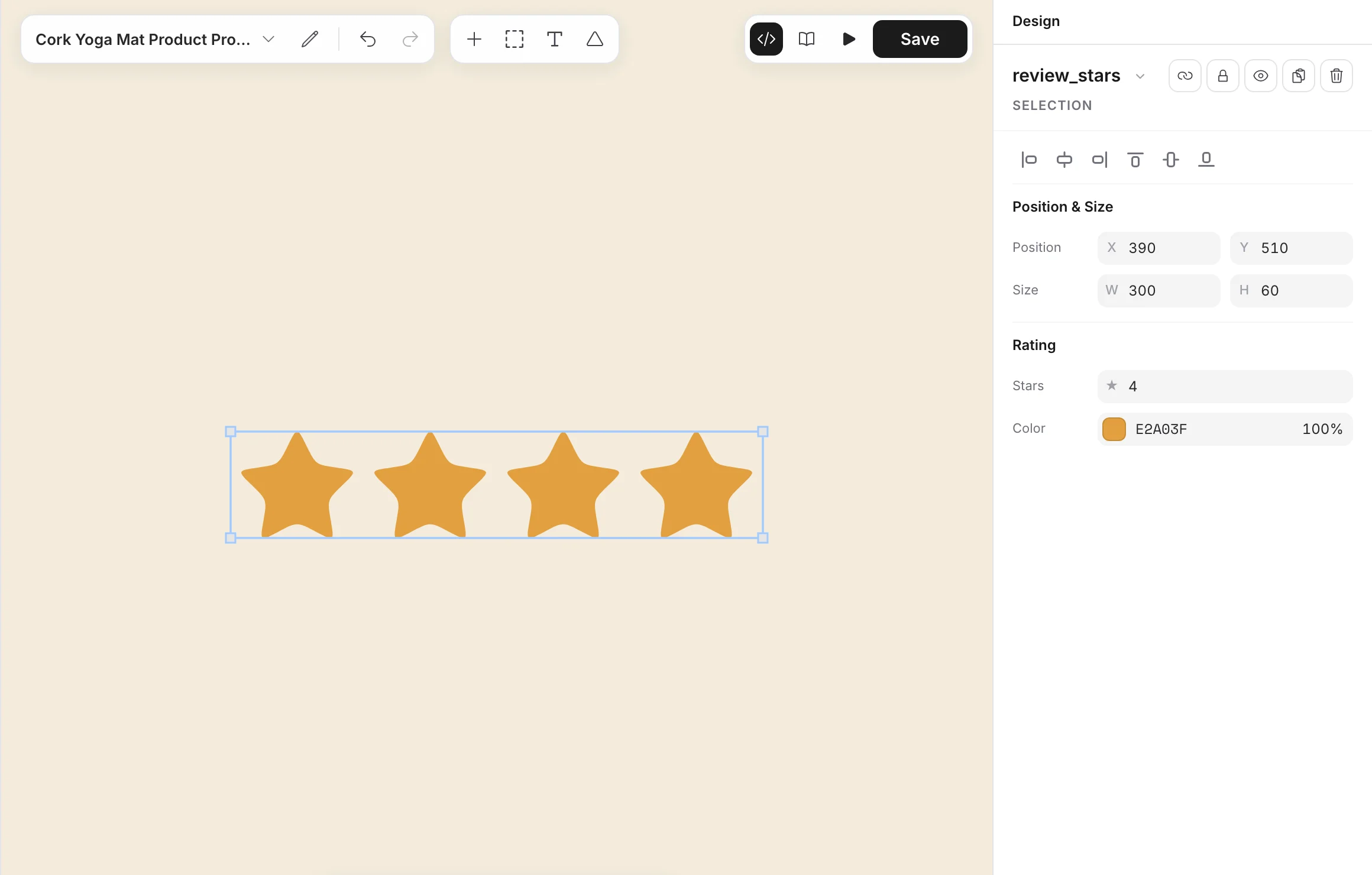 Four stars in a row, with Rating in the Design panel
