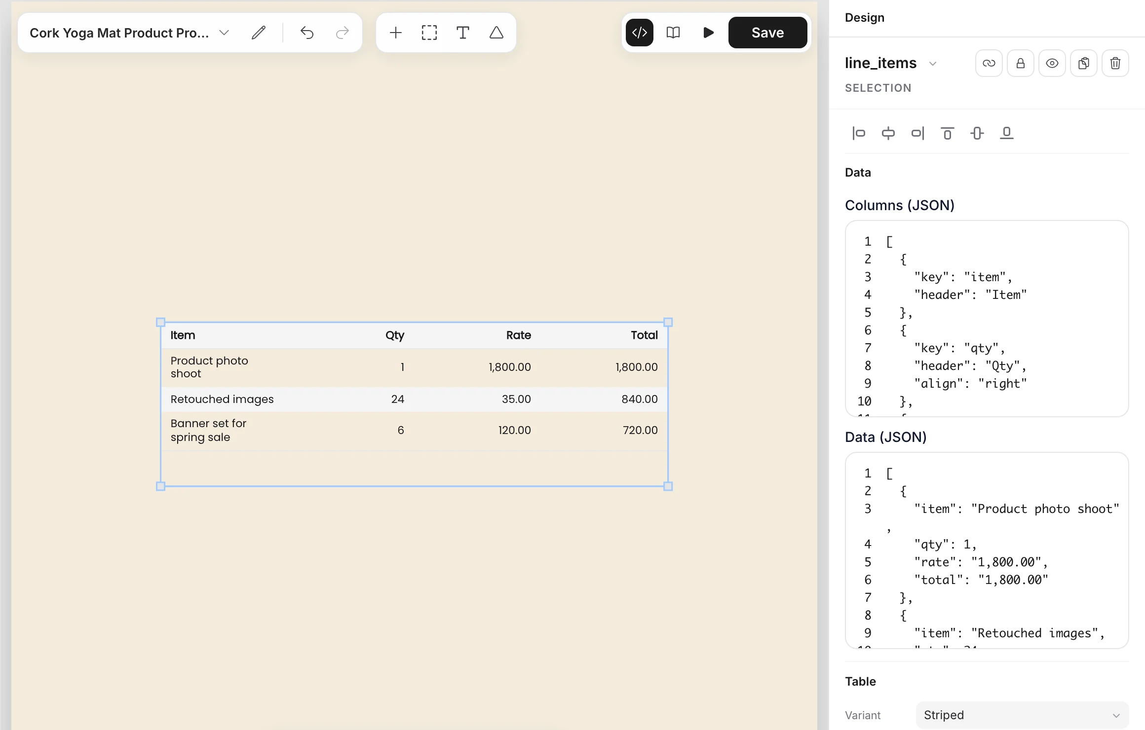 A table of invoice line items, with Data and Table in the Design panel