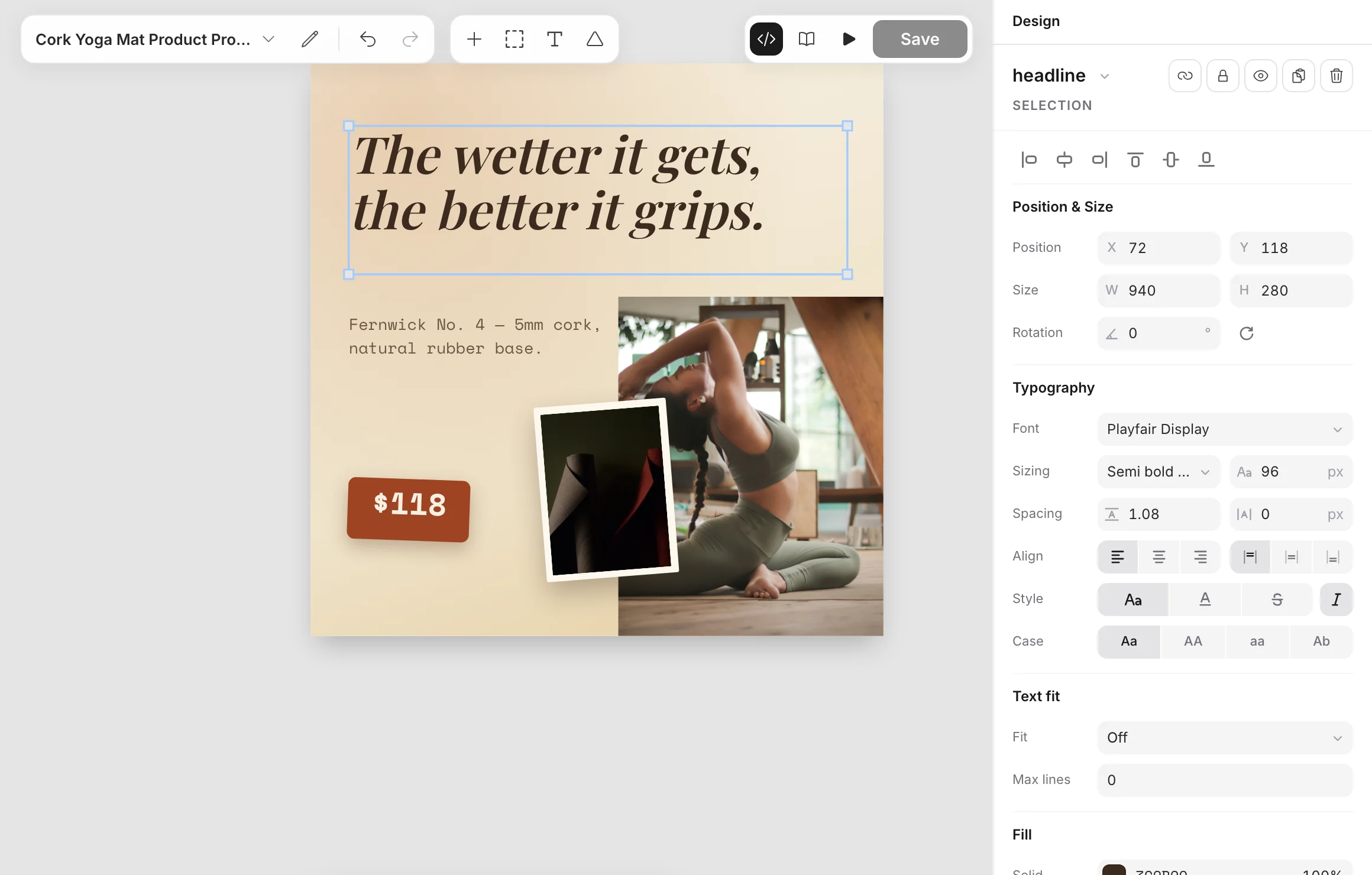 A selected headline text layer with Typography, Text fit and Fill in the Design panel