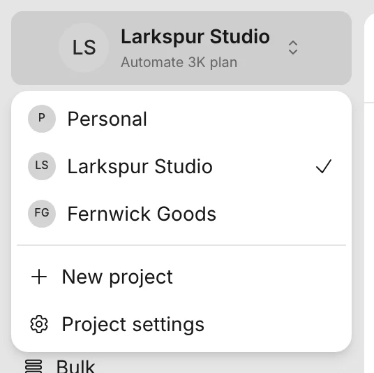 The project switcher open with Personal, Larkspur Studio, and Fernwick Goods, and the New project and Project settings items
