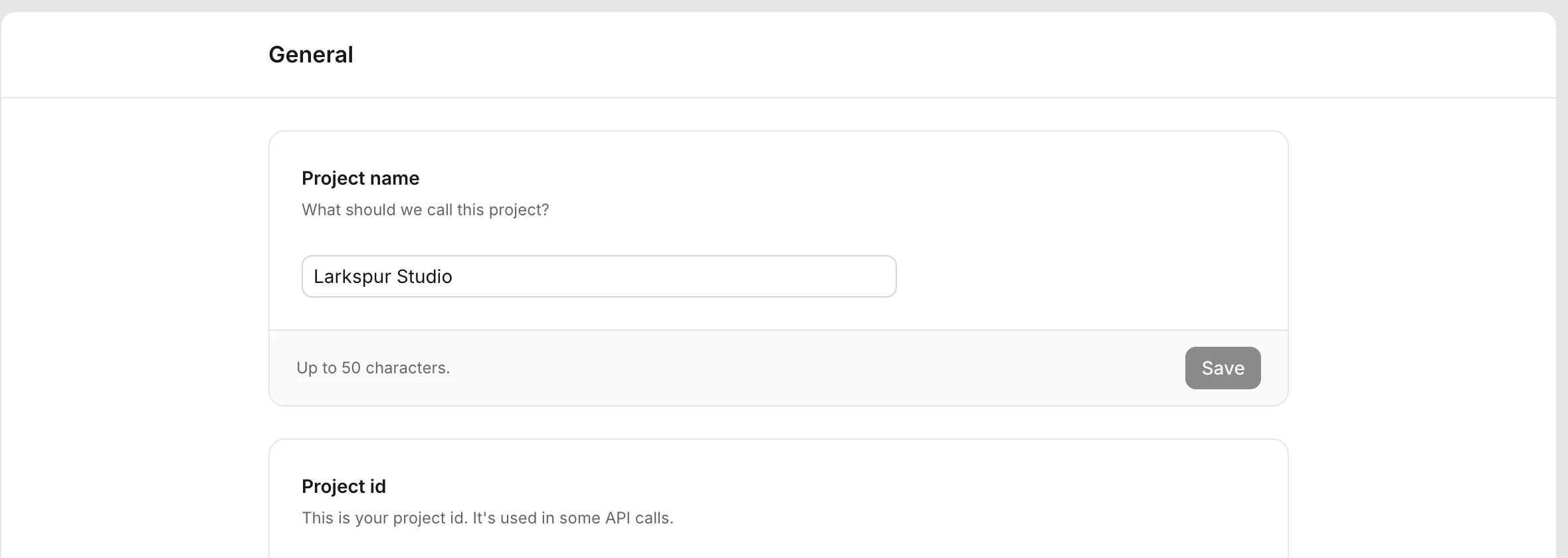 The General tab of Settings with the Project name and Project id fields