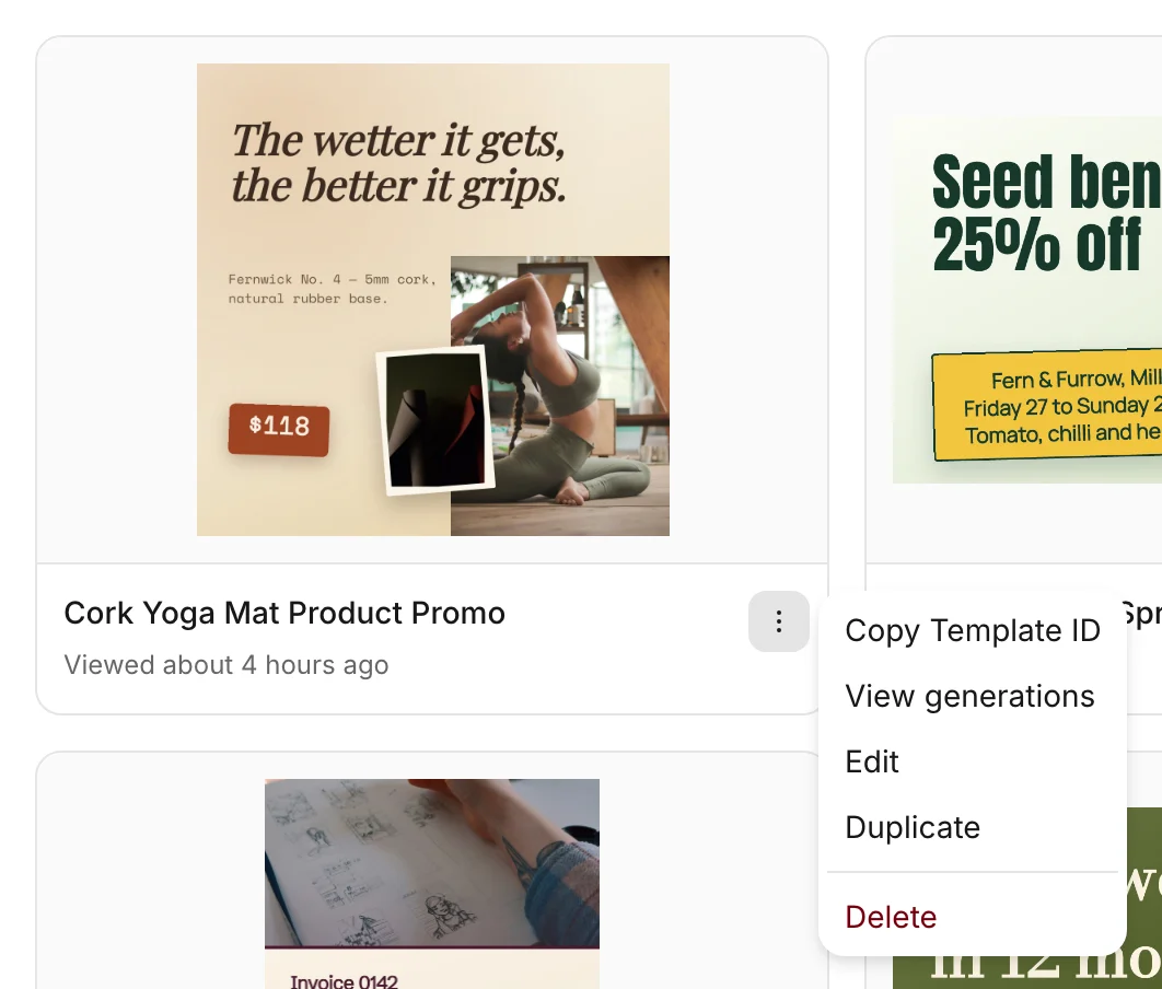 The menu of a template card with Copy Template ID, View generations, Edit, Duplicate, and Delete